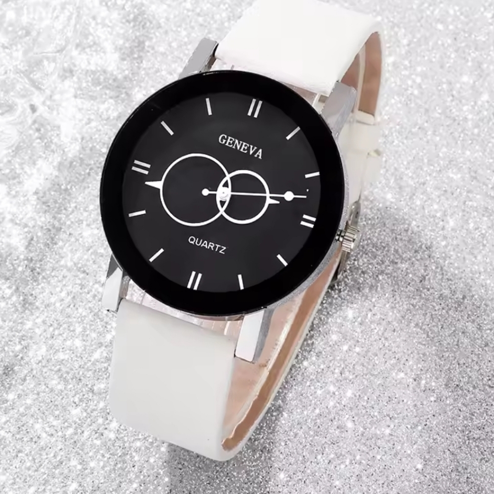 Black Dial White Band Watch